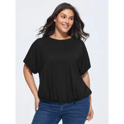 Bloomchic Women's Plus Size Supersoft Bubble Hem Relaxed-fit T-shirt Black Solid Casual Short Sleeve Round Nec