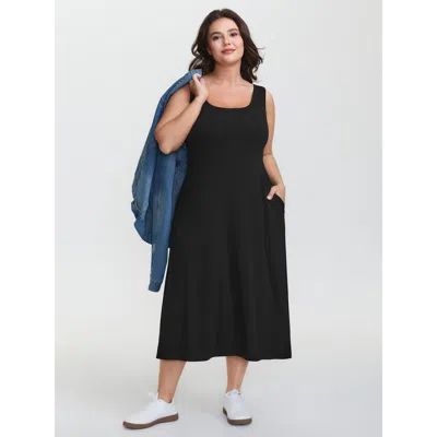 Bloomchic Women's Plus Size Supersoft Built-in Padded Scoop Neck Midi Dress Black Solid Midi Casual Non 14-16/