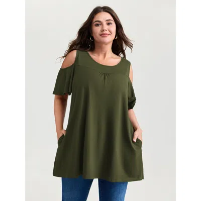 Bloomchic Women's Plus Size Supersoft Bust-friendly Shoulder Cut-out T-shirt Armygreen Non Casual Short Sleeve