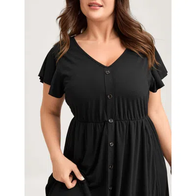 Bloomchic Women's Plus Size Supersoft Button Detail Deep V-neck Mini Dress Black Solid Midi Casual Ruched 10/m