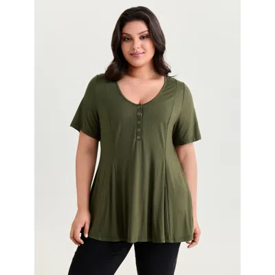 Bloomchic Women's Plus Size Supersoft Button Detail Fit And Flare T-shirt Armygreen Solid Casual Short Sleeve 