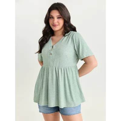 Bloomchic Women's Plus Size Supersoft Button Detail Plain Knit Top Mint Short Sleeve Casual Deep V-neck 22-24/ In Green