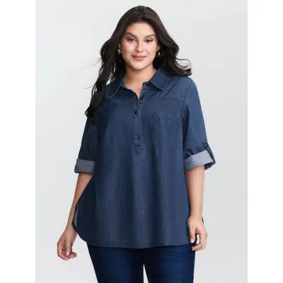 Bloomchic Women's Plus Size Supersoft Button Down Pockets Denim Jacket Denimindigo 3/4 Sleeve Casual 10/m
