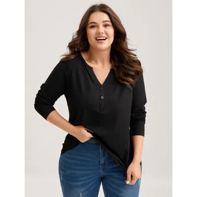 Bloomchic Women's Plus Size Supersoft Button Placket Solid T-shirt Black Solid Casual Long Sleeve V-notch Neck
