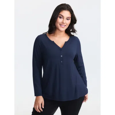 Bloomchic Women's Plus Size Supersoft Button Placket Solid T-shirt Indigo Solid Casual Long Sleeve V-notch Nec In Purple