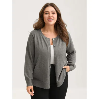 Bloomchic Women's Plus Size Supersoft Button Round Neck Lightweight Cardigan Darkgray Long Sleeve 10/m In Gray