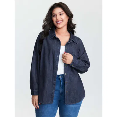 Bloomchic Women's Plus Size Supersoft Button-down Denim Top Darkindigo Not Graphics Long Sleeve Non Casual 12/ In Purple
