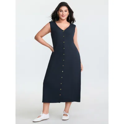 Bloomchic Women's Plus Size Supersoft Button-down Sleeveless Midi Dress Darkblue Non Midi Casual Button 10/m In Blue