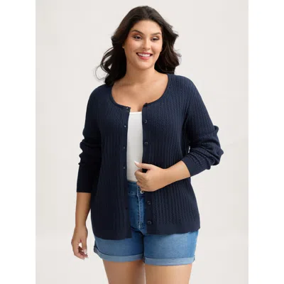 Bloomchic Women's Plus Size Supersoft Cable Knit Button Solid Cardigan Midnight Long Sleeve Round Neck 10/m In Blue