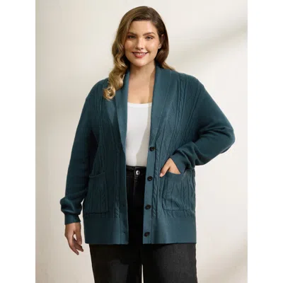 Bloomchic Women's Plus Size Supersoft Cable Knit Pockets Shawl Collar Knit Cardigan Aegean Long Sleeve 10/m In Blue