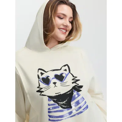 Bloomchic Women's Plus Size Supersoft Cat Embroidered Sequin Hoodie Ivory Animals Casual 18-20/2x In White