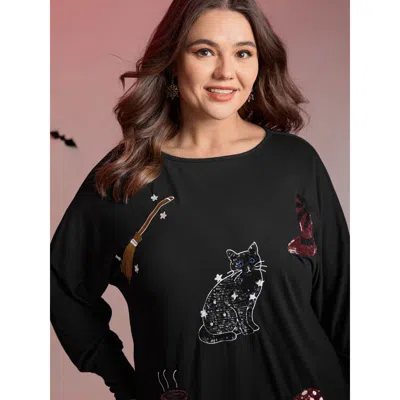 Bloomchic Women's Plus Size Supersoft Cat Sequin Embroidered T-shirt Black Non Casual Long Sleeve 10/m