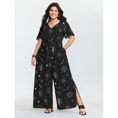 Bloomchic Women's Plus Size Supersoft Celestial Print Waist-tie Jumpsuit Black Vacation 12/l