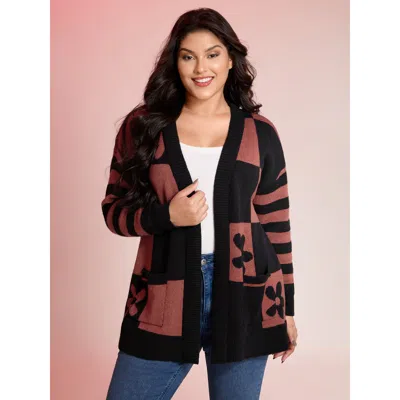 Bloomchic Women's Plus Size Supersoft Checkered Floral Superstretchy Knit Cardigan Rust Long Sleeve 10/m In Brown
