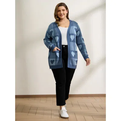 Bloomchic Women's Plus Size Supersoft Checkered Hearts Jacquard Pockets Knit Cardigan Mediumblue Long Sleeve 1