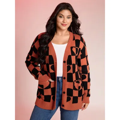 Bloomchic Women's Plus Size Supersoft Checkered Hearts Stretchy Knit Cardigan Rust Long Sleeve 12/l In Brown
