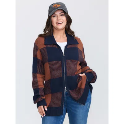 Bloomchic Women's Plus Size Supersoft Checkered Pattern Zip Knit Cardigan Indigo Long Sleeve 12/l In Purple