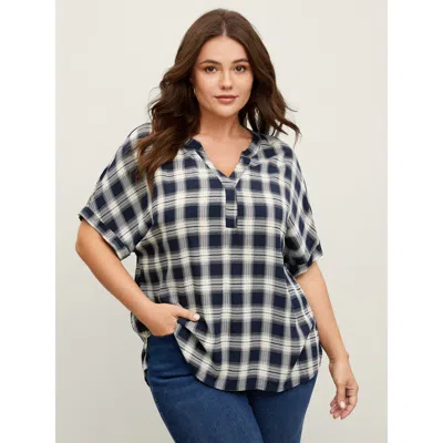 Bloomchic Women's Plus Size Supersoft Checkered Print Cuffed Sleeve Blouse Indigo Plaid Office Short Sleeve V- In Purple