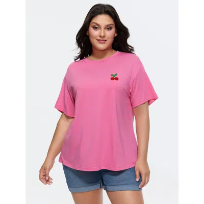 Bloomchic Women's Plus Size Supersoft Cherry Cute Relaxed-fit T-shirt Peach Solid Casual Short Sleeve Round Ne In Orange