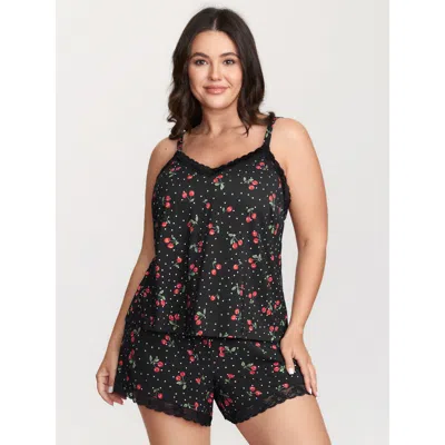 Bloomchic Women's Plus Size Supersoft Cherry Print Lace Pockets Pajama Set Black Not Graphics 12/l