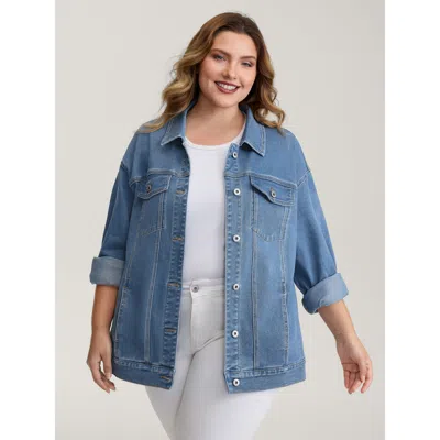Bloomchic Women's Plus Size Supersoft Chest Flaps Button-down Denim Jacket Denimblue Casual 10/m In Blue