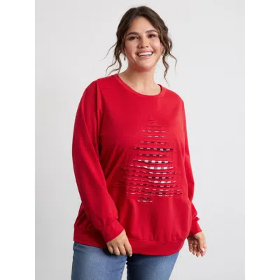 Bloomchic Women's Plus Size Supersoft Christmas Tree Applique Embroidery Sweatshirt Brightred Casual 14-16/1x