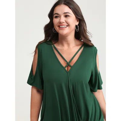 Bloomchic Women's Plus Size Supersoft Cold-shoulder Knit Flowy Top Darkgreen Short Sleeve Casual 22-24/3x In Green