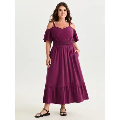 Bloomchic Women's Plus Size Supersoft Cold-shoulder Shirred Waist Maxi Dress Redviolet Solid Maxi Casual Smock
