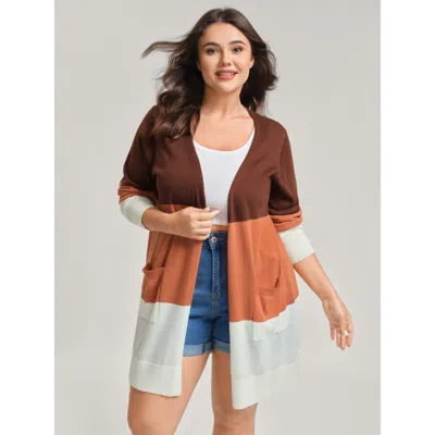Bloomchic Women's Plus Size Supersoft Color Block Front-open Lightweight Cardigan Browncoffeecolor Long Sleeve
