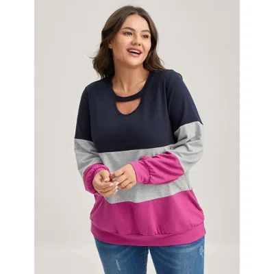 Bloomchic Women's Plus Size Supersoft Color Block Neck Cut-out Sweatshirt Indigo Casual 10/m In Purple