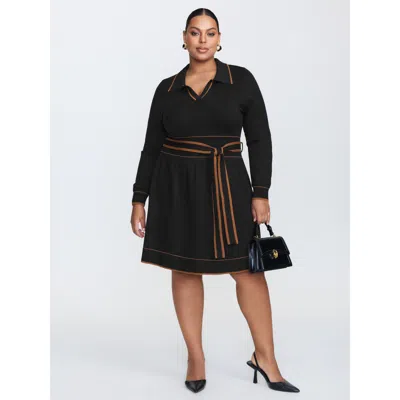 Bloomchic Women's Plus Size Supersoft Color Contrast Belt Sweater Dress Black Non Mini Non 10/m