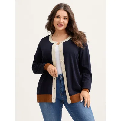 Bloomchic Women's Plus Size Supersoft Color Contrast Button-down Knit Cardigan Midnight Long Sleeve Round Neck In Blue