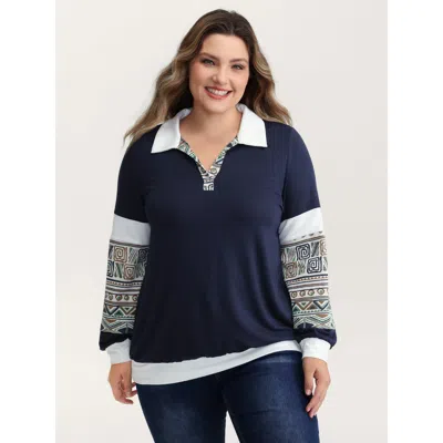 Bloomchic Women's Plus Size Supersoft Color Contrast Collar Sweatshirt Indigo Casual 10/m In Purple