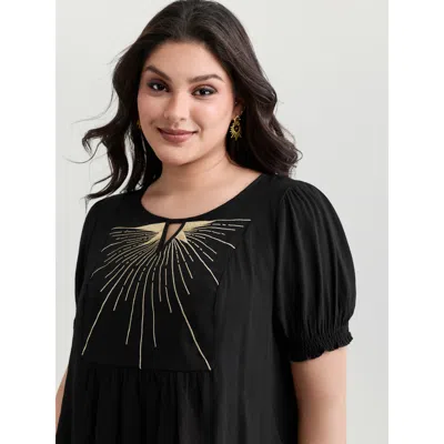 Bloomchic Women's Plus Size Supersoft Color Contrast Embroidery Blouse Black Non Vacation Short Sleeve 12/l