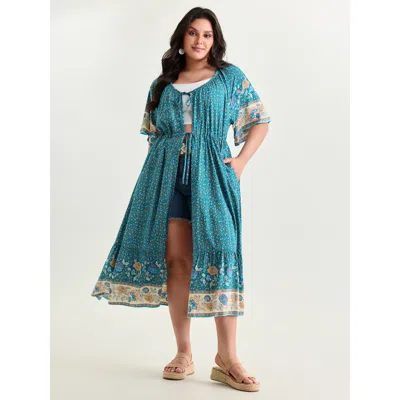 Bloomchic Women's Plus Size Supersoft Color Contrast Flowy Kimono Aegean 12/l In Blue