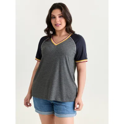 Bloomchic Women's Plus Size Supersoft Color Contrast Raglan Sleeve T-shirt Dimgray Solid Casual Short Sleeve V