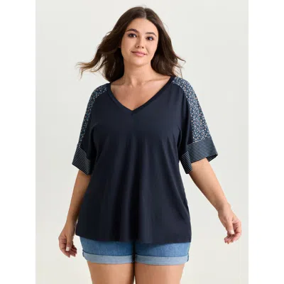 Bloomchic Women's Plus Size Supersoft Color Contrast Sleeve V-neck T-shirt Indigo Ditsy Floral Casual Short Sl In Purple