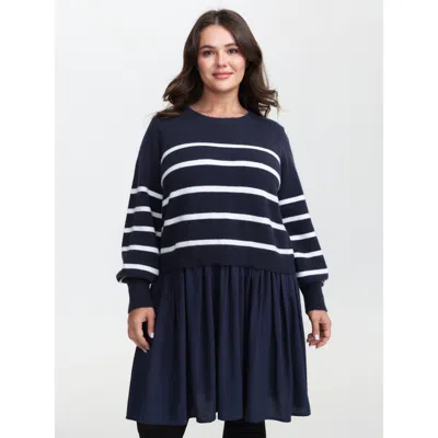 Bloomchic Women's Plus Size Supersoft Color Contrast Stripe Sweater Dress Midnight Stripes Short Colorblock 10 In Blue