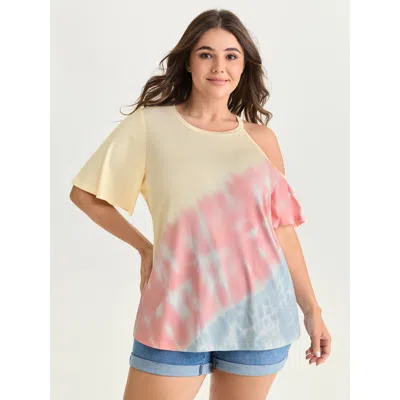Bloomchic Women's Plus Size Supersoft Color Gradient Cut-out Shoulder T-shirt Multicolor Tie-dye Casual Short 