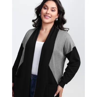 Bloomchic Women's Plus Size Supersoft Color Patches Kimono Collar Pockets Knit Cardigan Mediumgray Long Sleeve