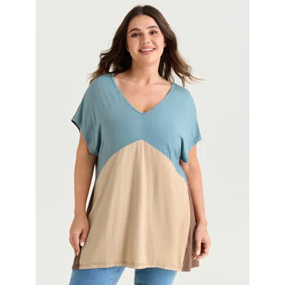 Bloomchic Women's Plus Size Supersoft Colorblock Drop Shoulder Knit Top Multicolor Short Sleeve Casual V-neck 