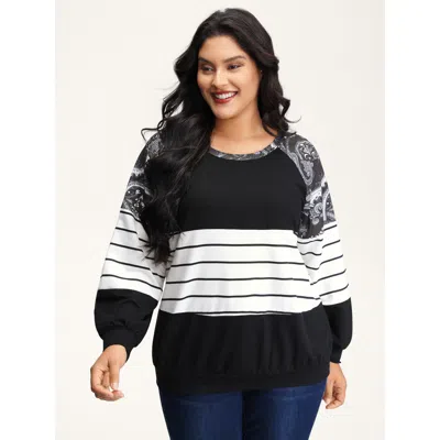 Bloomchic Women's Plus Size Supersoft Colorblock Paisley Print Sweatshirt Blackflower Not Graphics Casual Roun