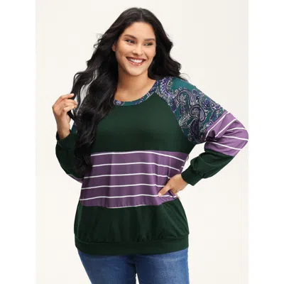 Bloomchic Women's Plus Size Supersoft Colorblock Paisley Print Sweatshirt Cyan Not Graphics Casual Round Neck  In Blue