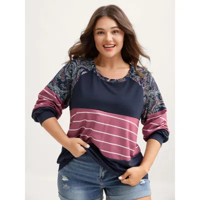 Bloomchic Women's Plus Size Supersoft Colorblock Paisley Print Sweatshirt Indigo Not Graphics Casual Round Nec In Purple