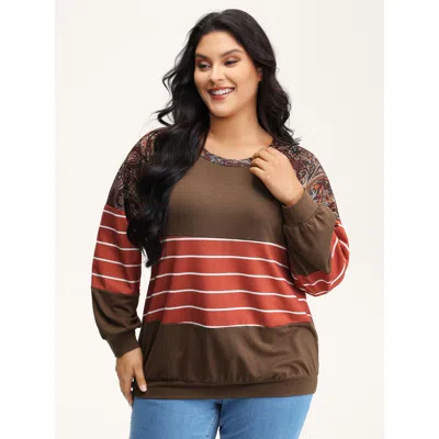 Bloomchic Women's Plus Size Supersoft Colorblock Paisley Print Sweatshirt Yellowishbrown Not Graphics Casual R