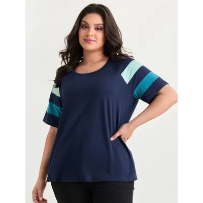 Bloomchic Women's Plus Size Supersoft Colorblock Sleeve Round Neck T-shirt Darkblue Solid Casual Short Sleeve  In Blue