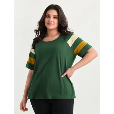 Bloomchic Women's Plus Size Supersoft Colorblock Sleeve Round Neck T-shirt Darkgreen Solid Casual Short Sleeve In Green