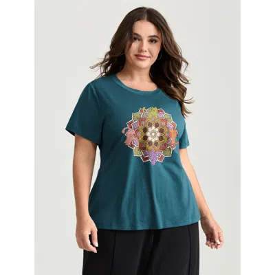 Bloomchic Women's Plus Size Supersoft Colorful Cats Print T-shirt Mediumblue Bohemian Print Casual Cap Sleeve 