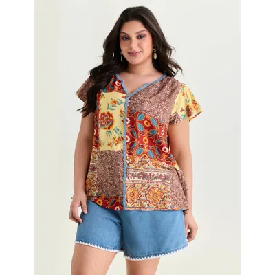 Bloomchic Women's Plus Size Supersoft Colorful Contrast Patchwork Print Blouse Multicolor Else Vacation Short 