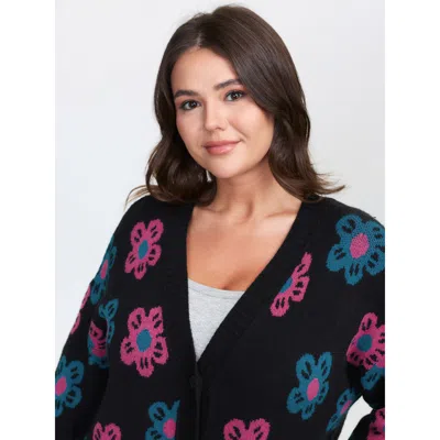 Bloomchic Women's Plus Size Supersoft Colorful Floral Drop Shoulder Knit Cardigan Black Long Sleeve 10/m